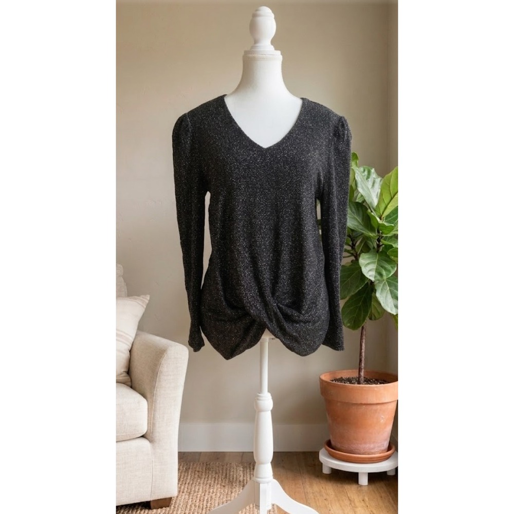 Cato Women M Black Silver Metallic Twist Front V-Neck Long Sleeve Top Holiday